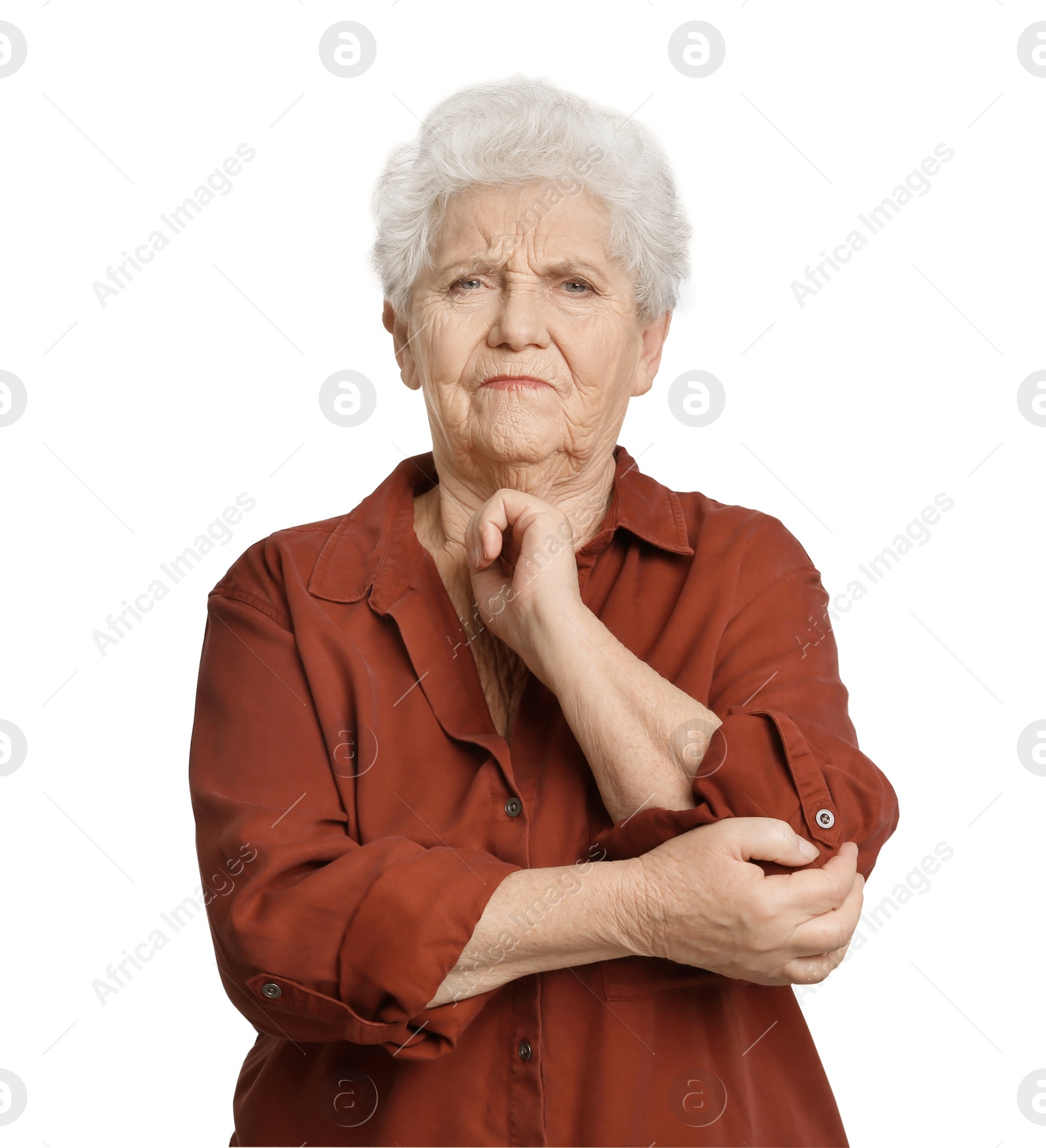 Photo of Elderly woman suffering from pain in elbow on white background