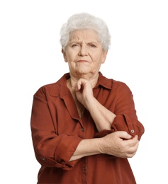 Elderly woman suffering from pain in elbow on white background