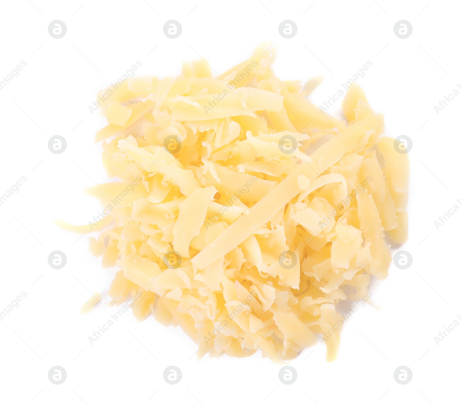 Photo of Pile of tasty grated cheese isolated on white, top view