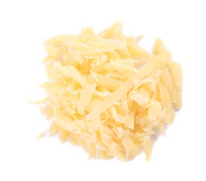 Photo of Pile of tasty grated cheese isolated on white, top view