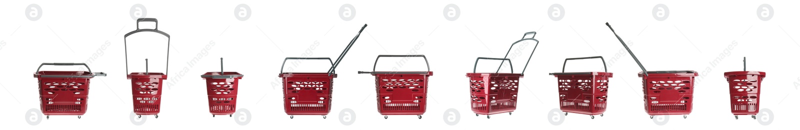 Image of Set of shopping baskets on white background. Banner design