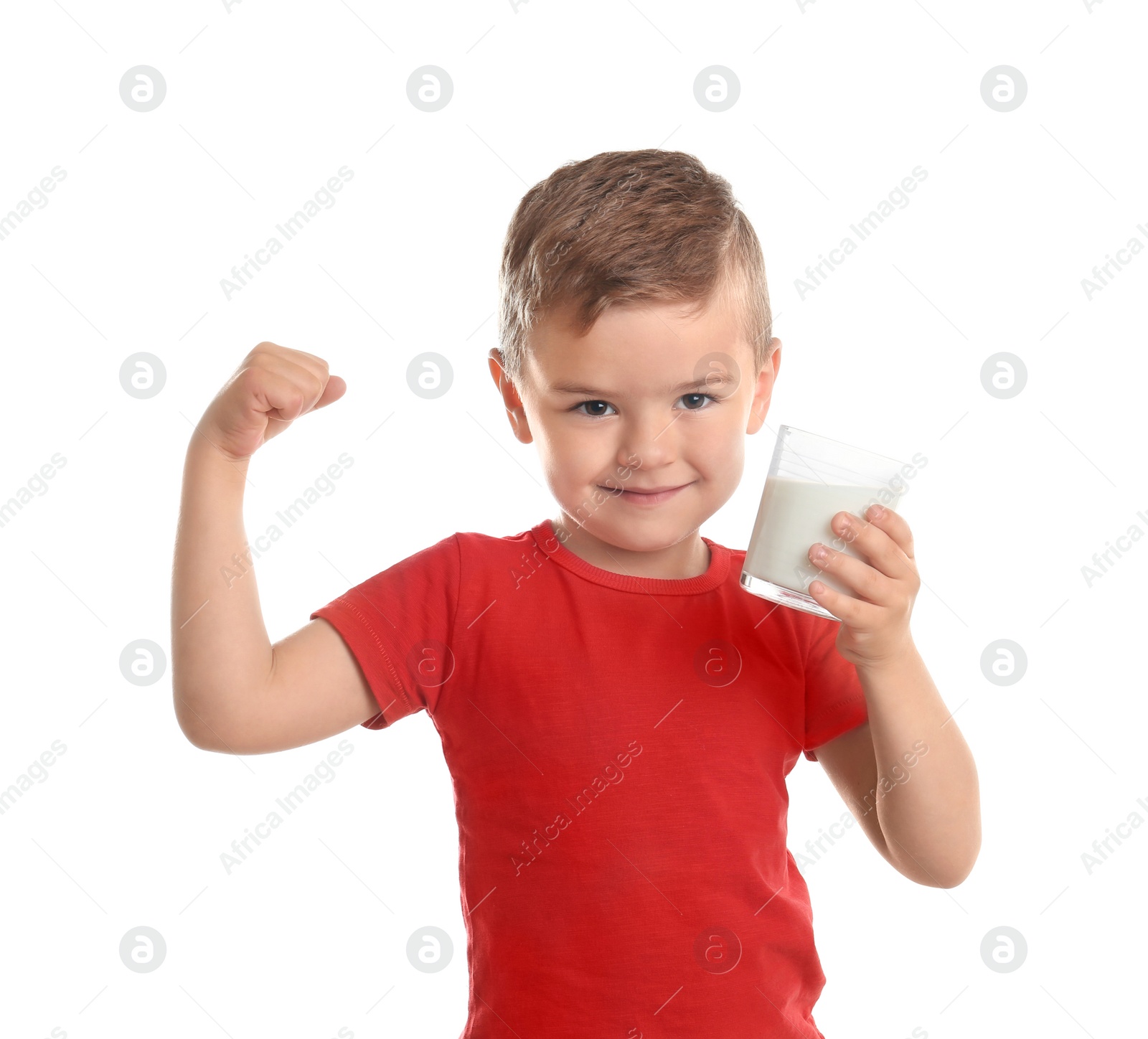 Photo of Cute little boy with glass of milk on white background