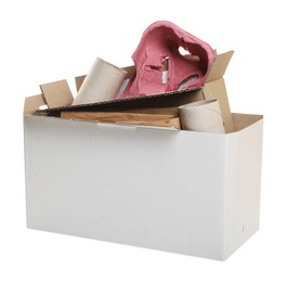 Box of different waste paper on white background