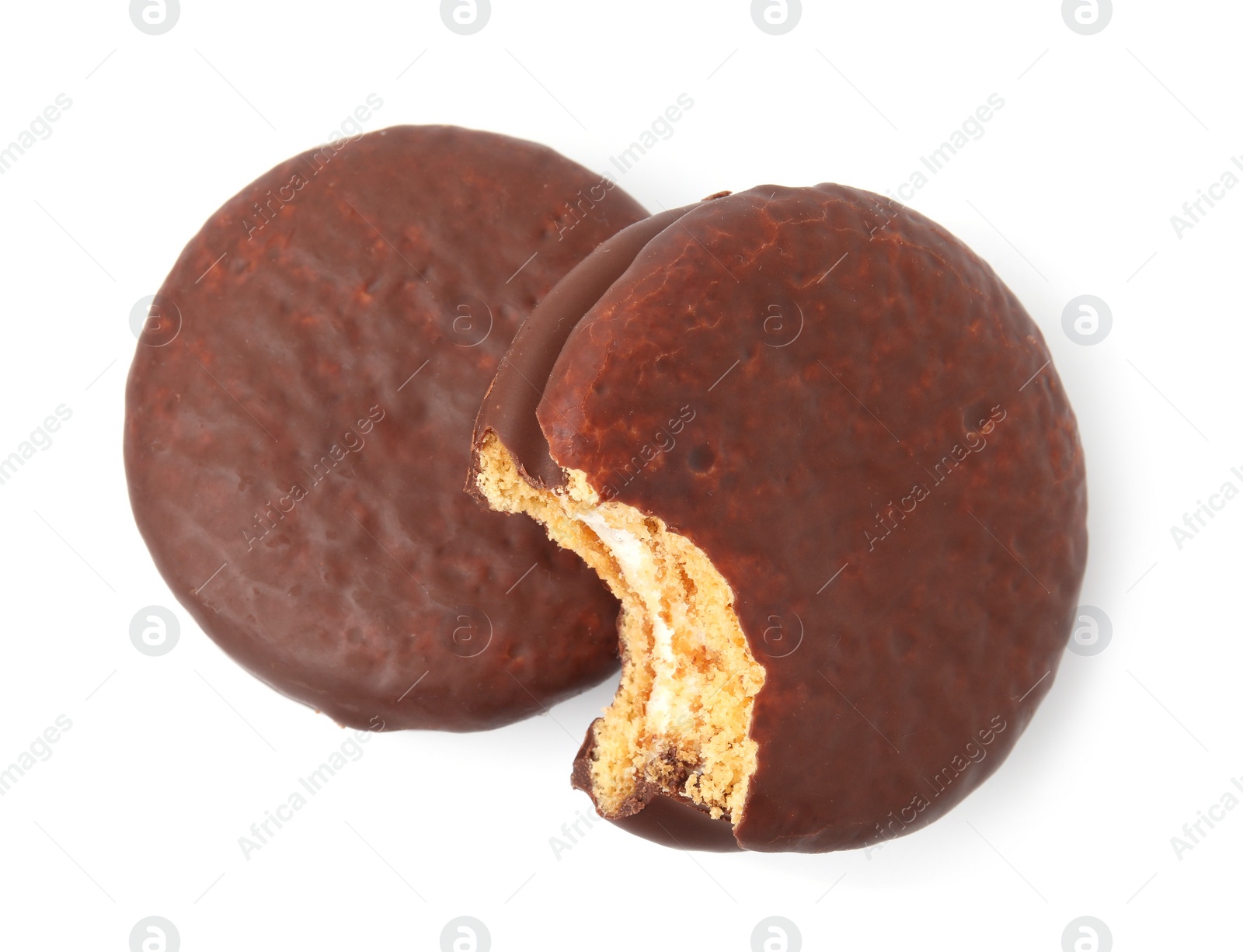 Photo of Tasty choco pies isolated on white, top view