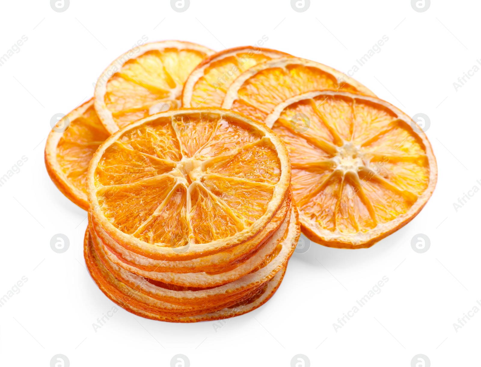 Delicious dry orange slices on white background Photo of Delicious dry orange slices on white background