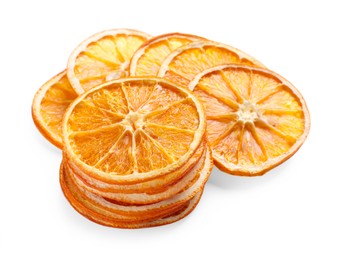 Photo of Delicious dry orange slices on white background