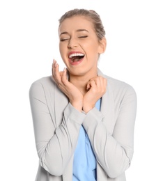 Photo of Portrait of young businesswoman laughing on white background