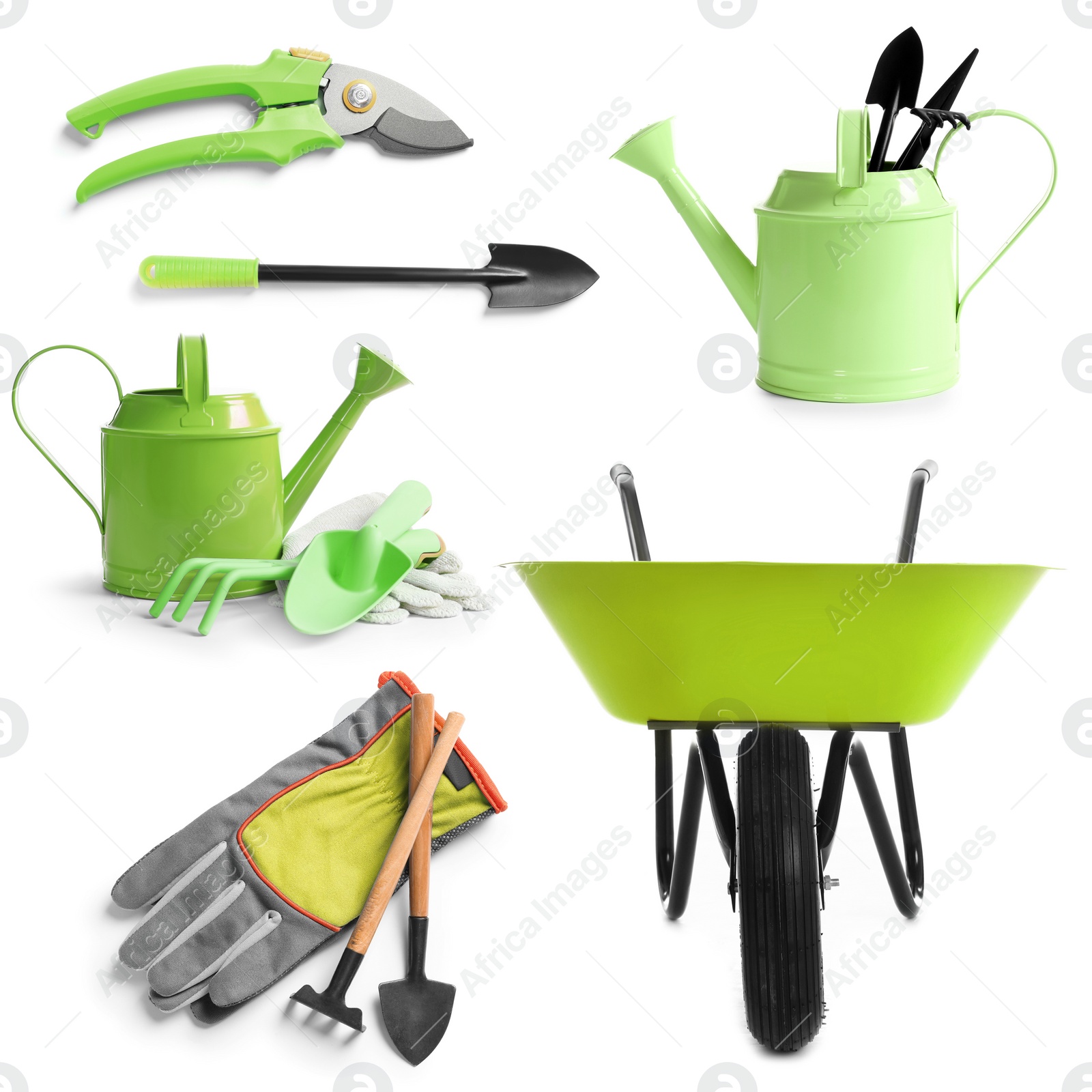 Image of Set of different gardening tools on white background