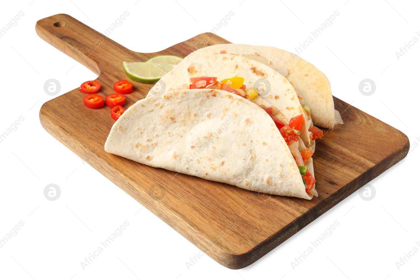 Photo of Delicious tacos with vegetables isolated on white