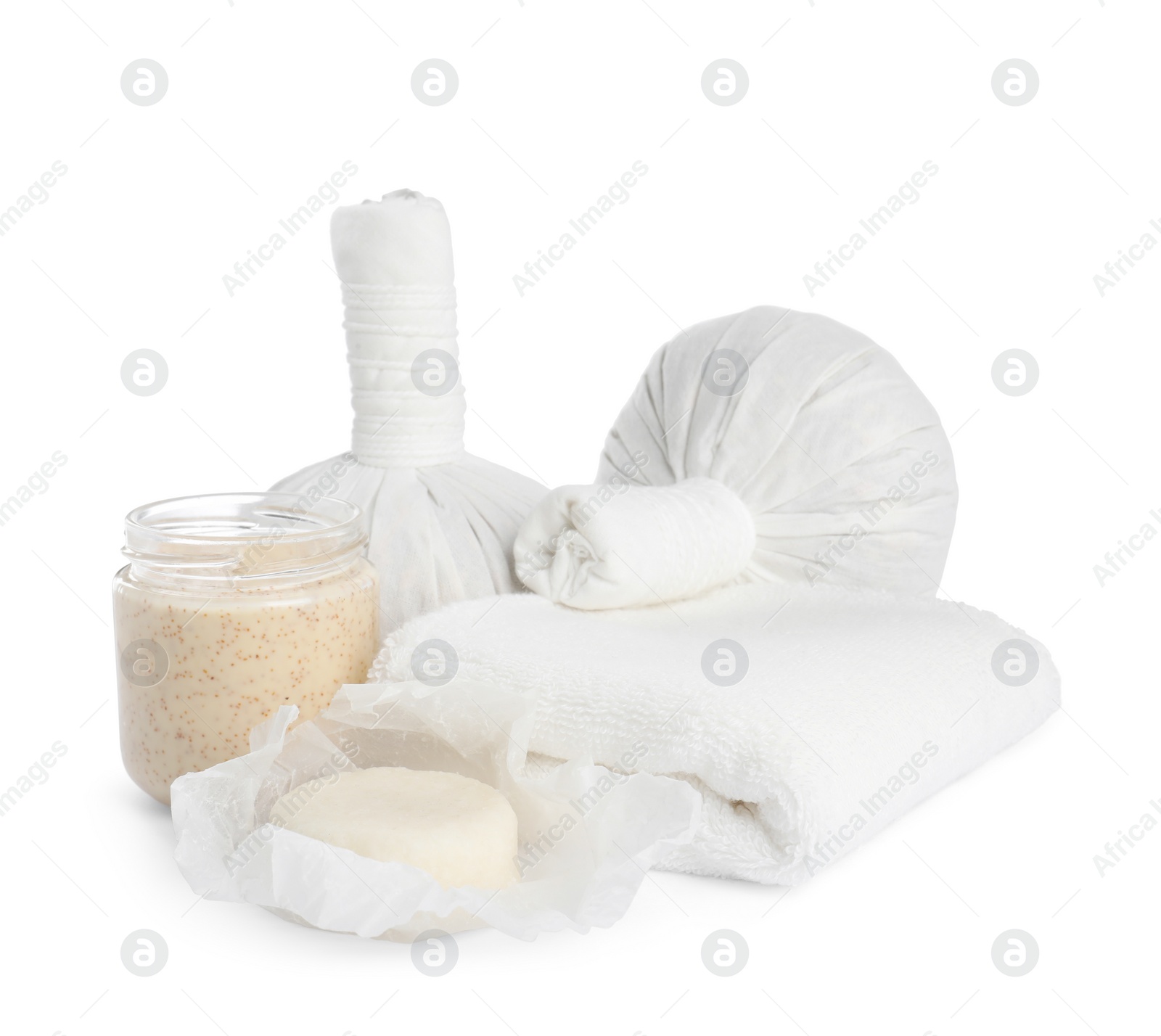 Photo of Spa composition with care products on white background