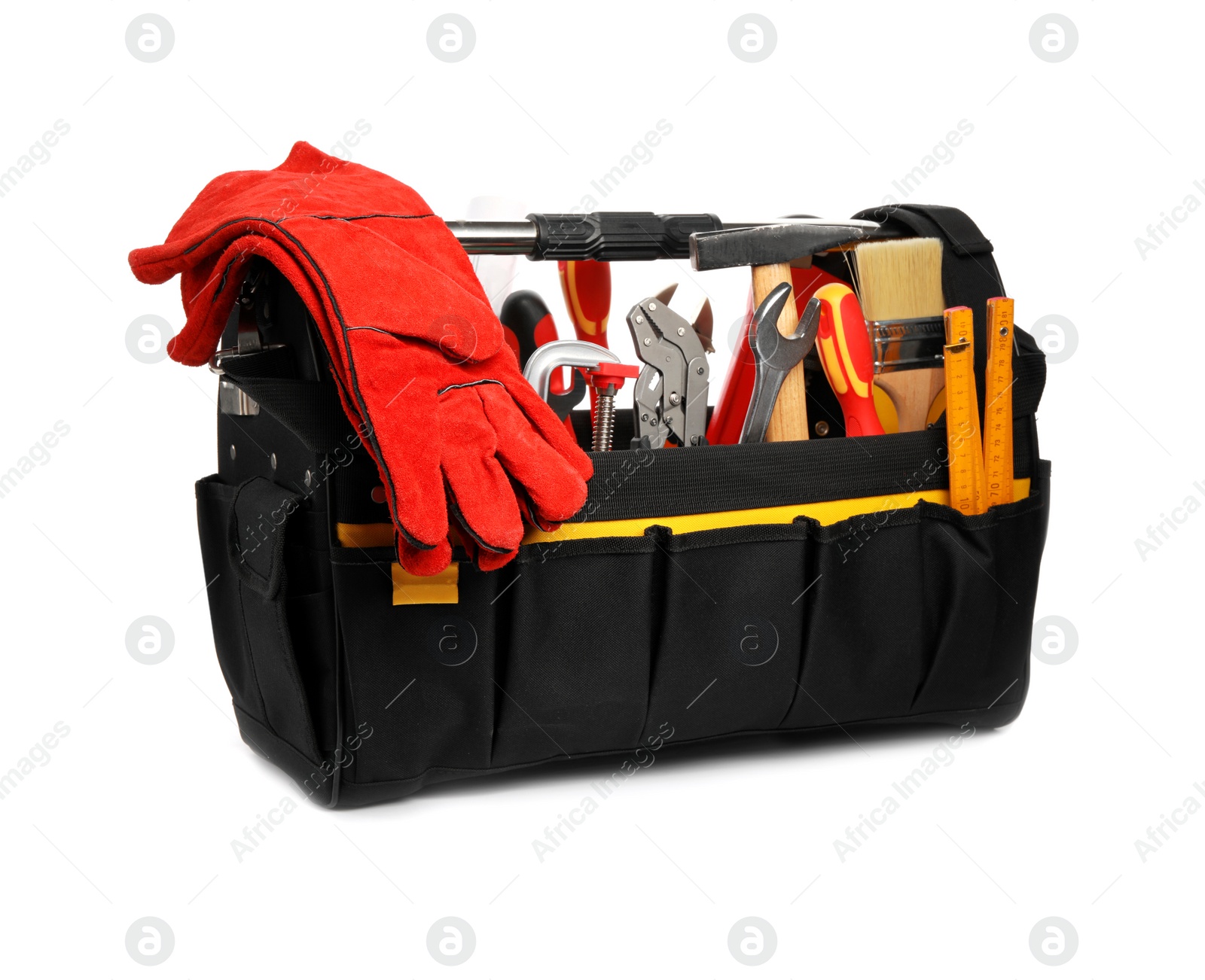 Photo of Bag with different construction tools isolated on white