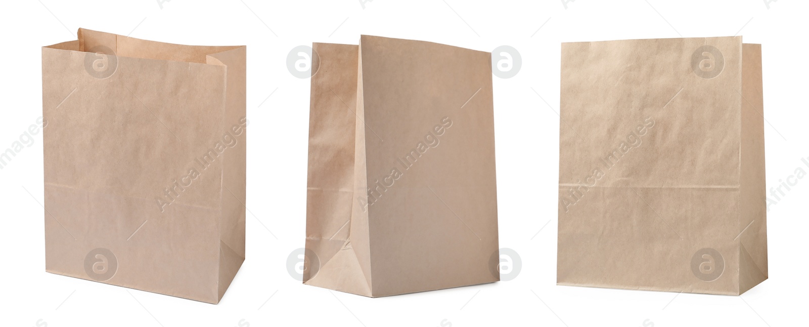 Image of Set with paper bags on white background. Banner design