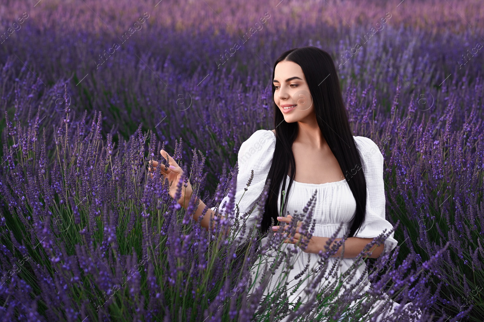 Photo of Portrait of beautiful young woman in lavender field