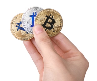 Person holding bitcoins isolated on white, closeup