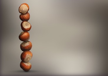 Stacked hazelnuts on light brownish grey gradient background, space for text