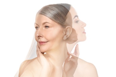Image of Double exposure of beautiful women on white background