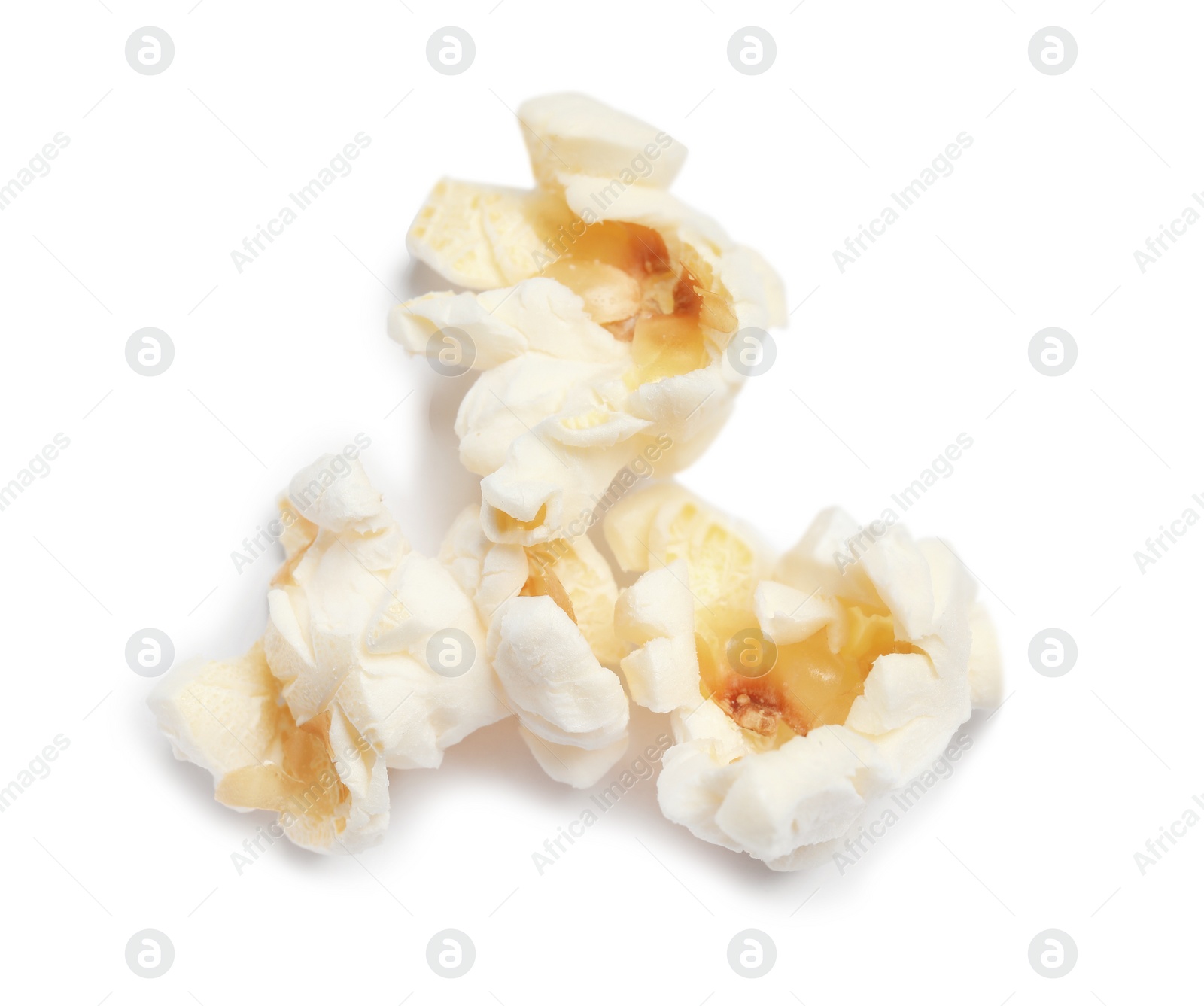 Photo of Delicious salty popcorn on white background