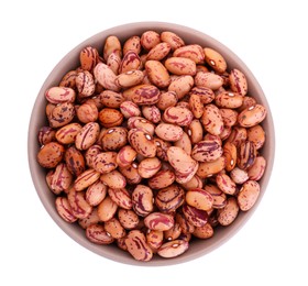 Photo of Bowl with raw kidney beans isolated on white, top view