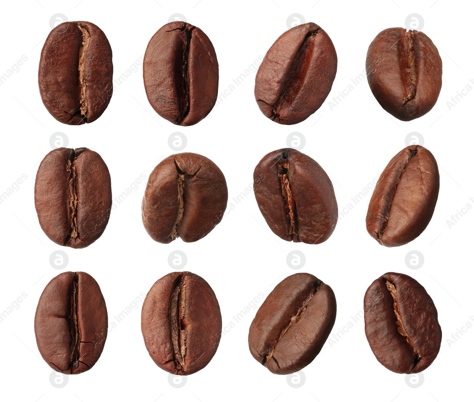 Image of Set with aromatic roasted coffee beans on white background