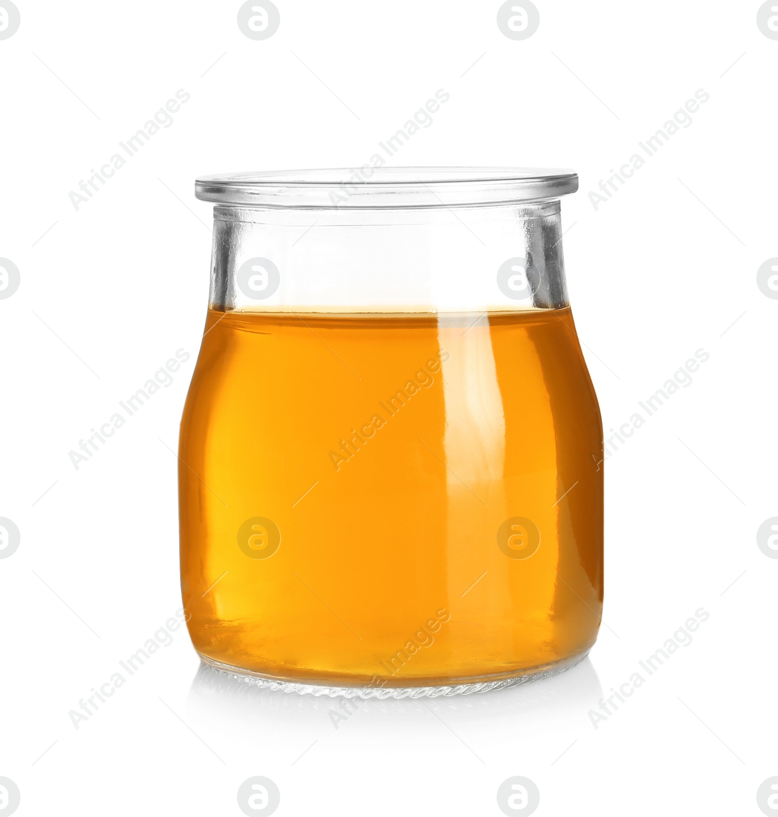 Photo of Jar with tasty jelly on white background