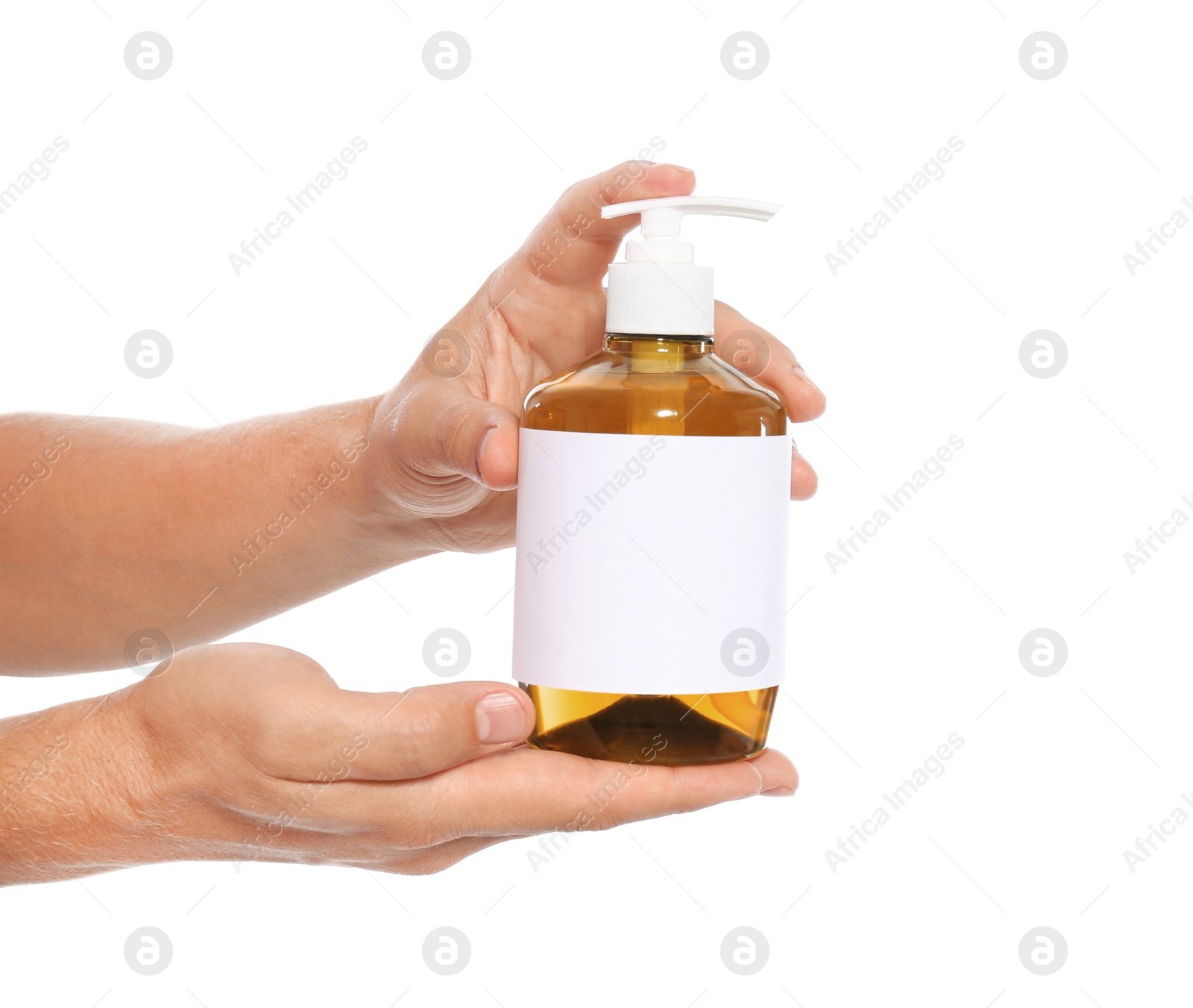 Photo of Man holding bottle with liquid soap on white background