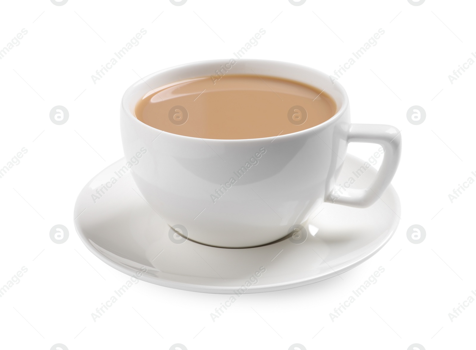 Photo of Delicious tea with milk on white background