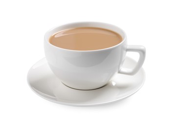 Delicious tea with milk on white background