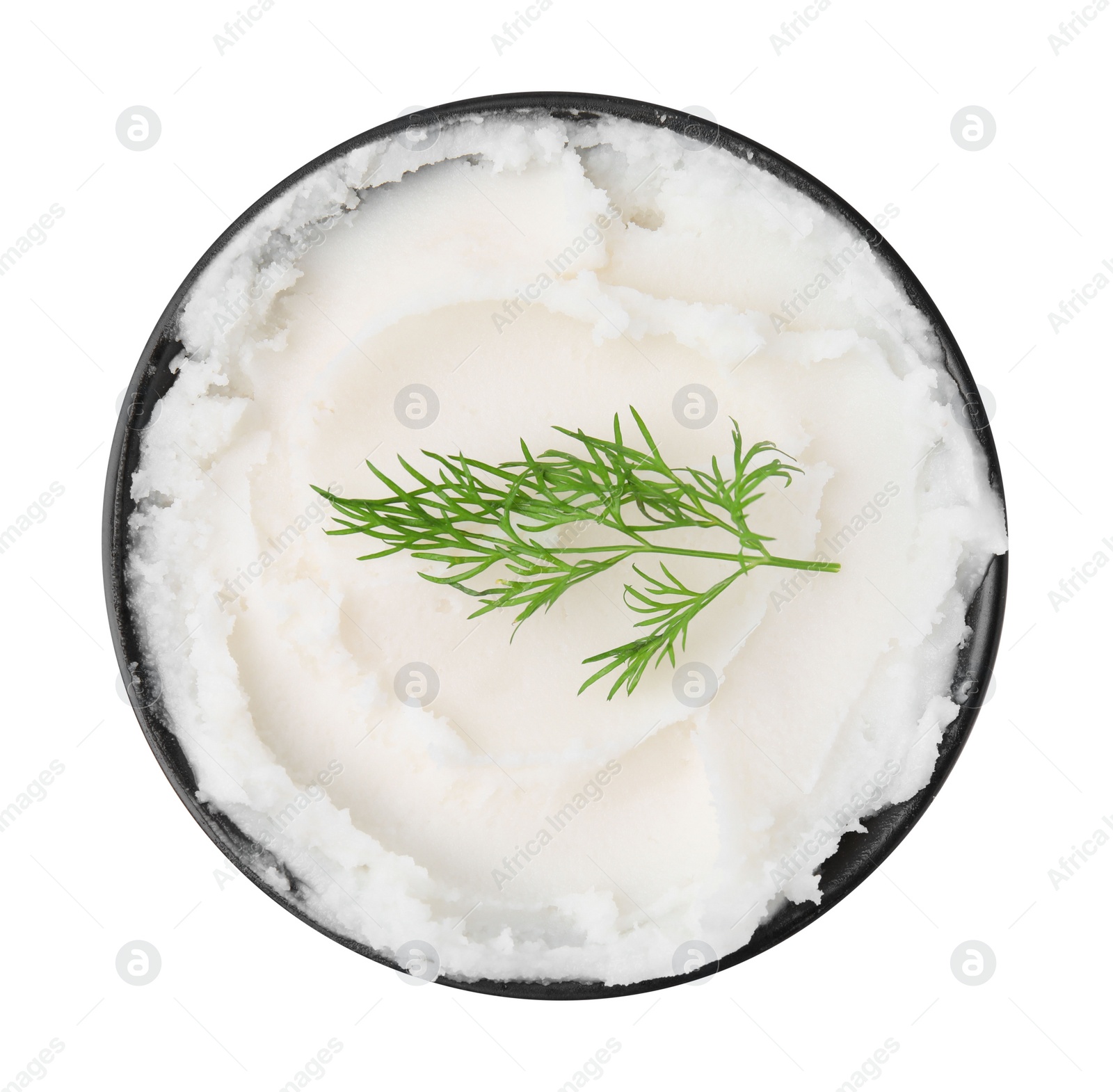 Photo of Delicious pork lard with dill in bowl isolated on white, top view