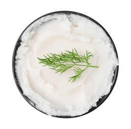 Delicious pork lard with dill in bowl isolated on white, top view