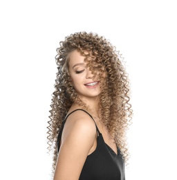 Portrait of beautiful young woman with shiny wavy hair on white background