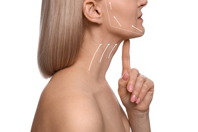 Image of Woman with perfect skin after cosmetic treatment on white background, closeup. Lifting arrows on her neck and face