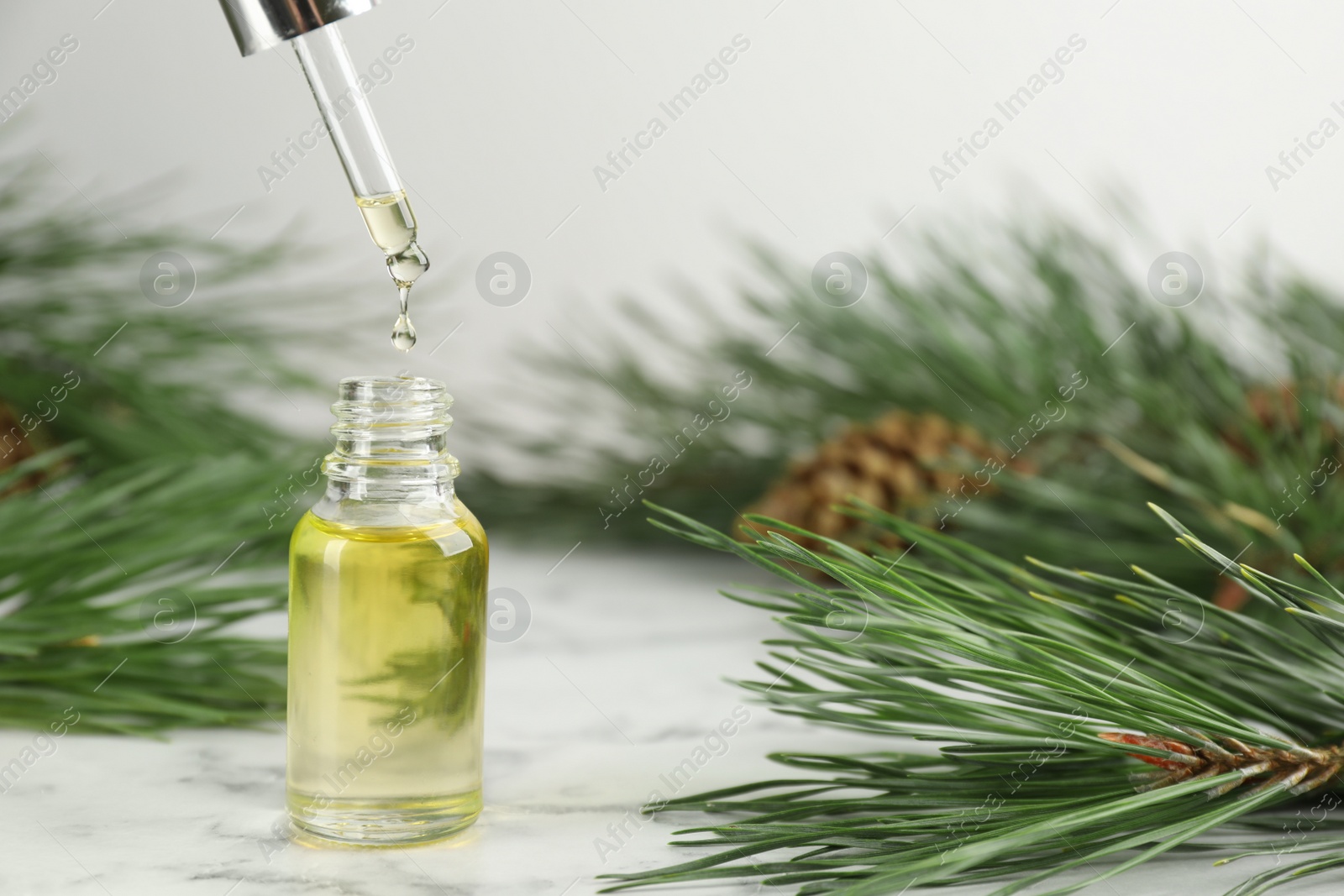 Photo of Dripping pine essential oil into bottle at white marble table. Space for text