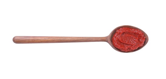 Photo of Wooden spoon of tasty tomato paste isolated on white, top view