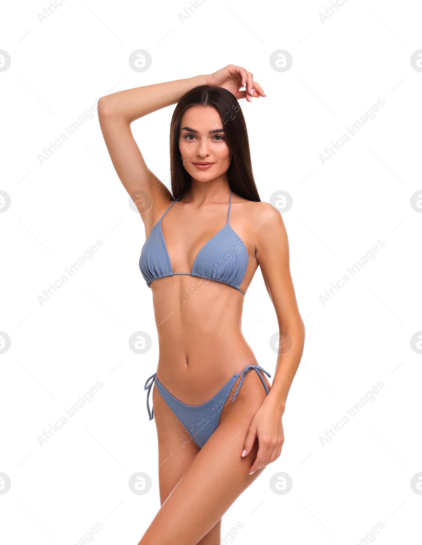 Photo of Young woman in stylish bikini isolated on white