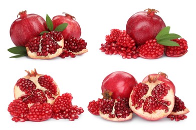 Image of Set with tasty ripe pomegranates on white background