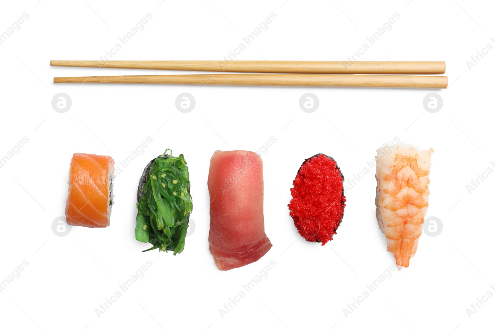 Photo of Set of delicious sushi isolated on white, top view