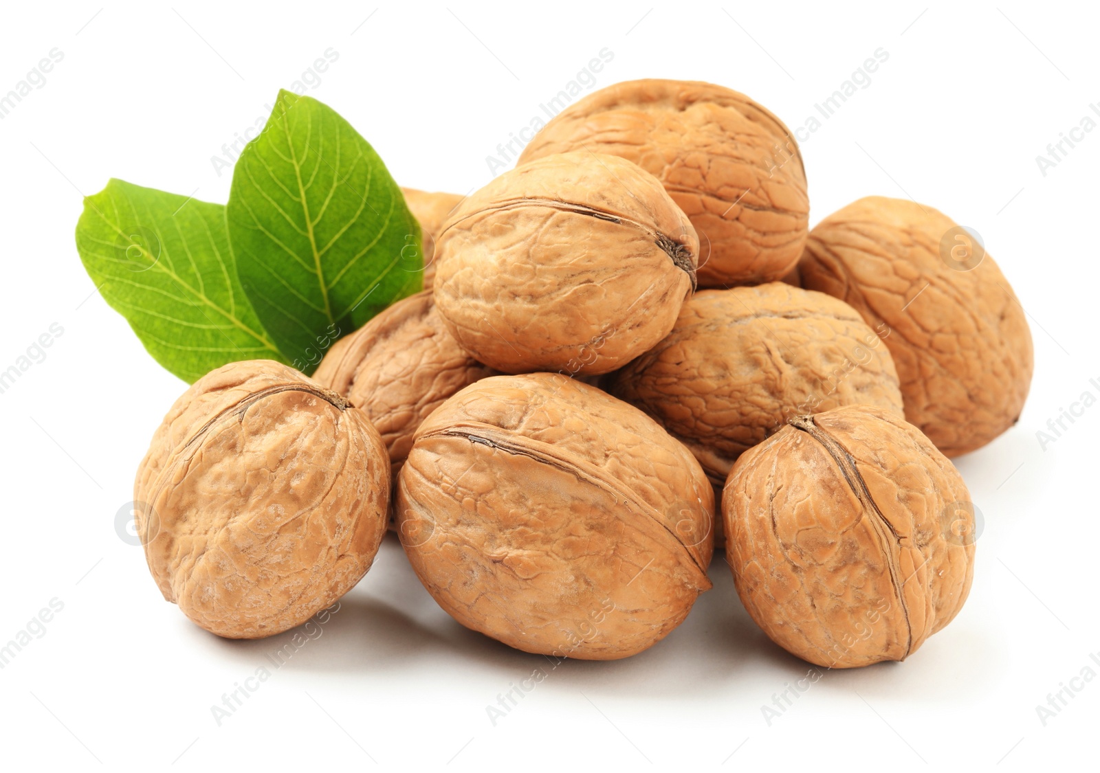 Photo of Whole walnuts in shell and leaves on white background
