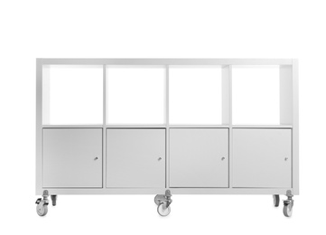 Photo of Stylish shelving unit with empty compartments on white background. Furniture for wardrobe room