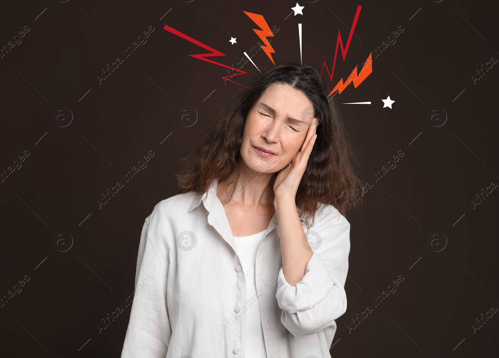 Image of Mature woman having headache on brown background. Illustration of lightnings representing severe pain