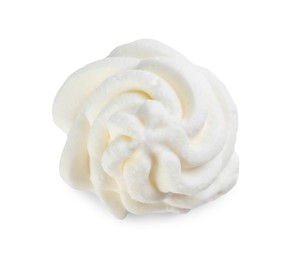 Photo of Delicious whipped cream isolated on white, top view