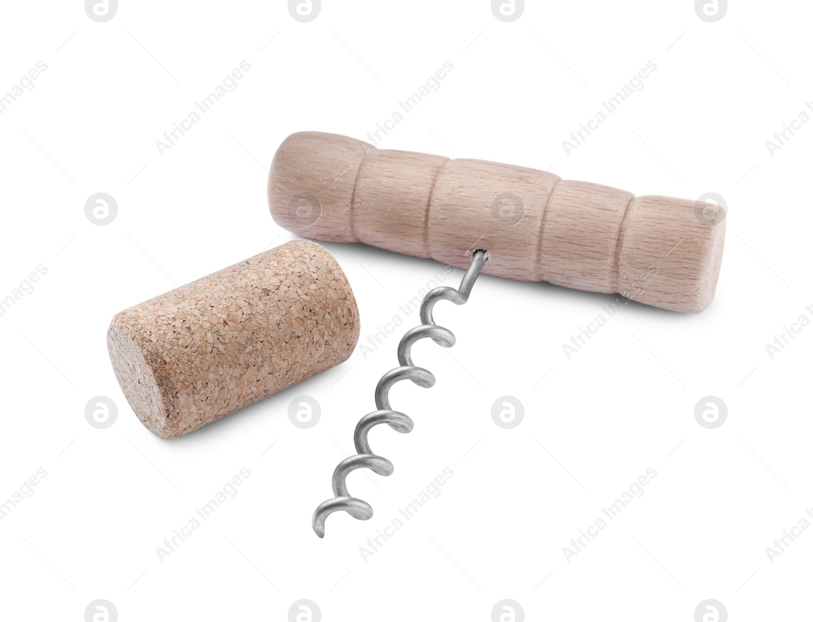 Photo of Corkscrew and wine bottle stopper on white background