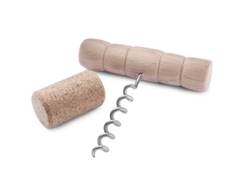 Corkscrew and wine bottle stopper on white background