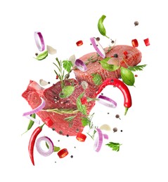 Image of Fresh raw meat and different spices flying on white background