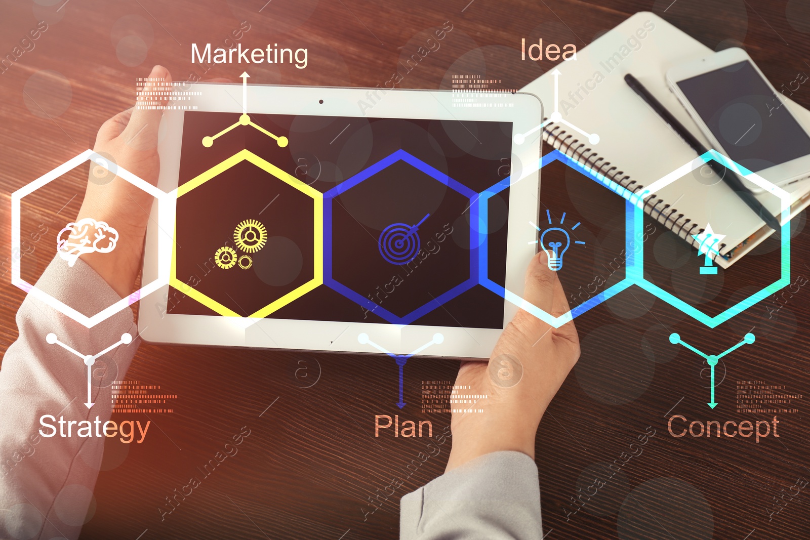 Image of  Digital marketing concept. Woman using tablet at table, closeup
