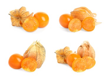 Set with tasty ripe physalis fruits on white background