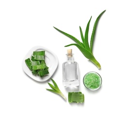 Photo of Flat lay composition with aloe vera on white background