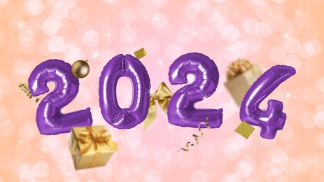 Image of New 2024 Year. Violet number shaped balloons, gift boxes, baubles and confetti on color background with blurred lights, banner design