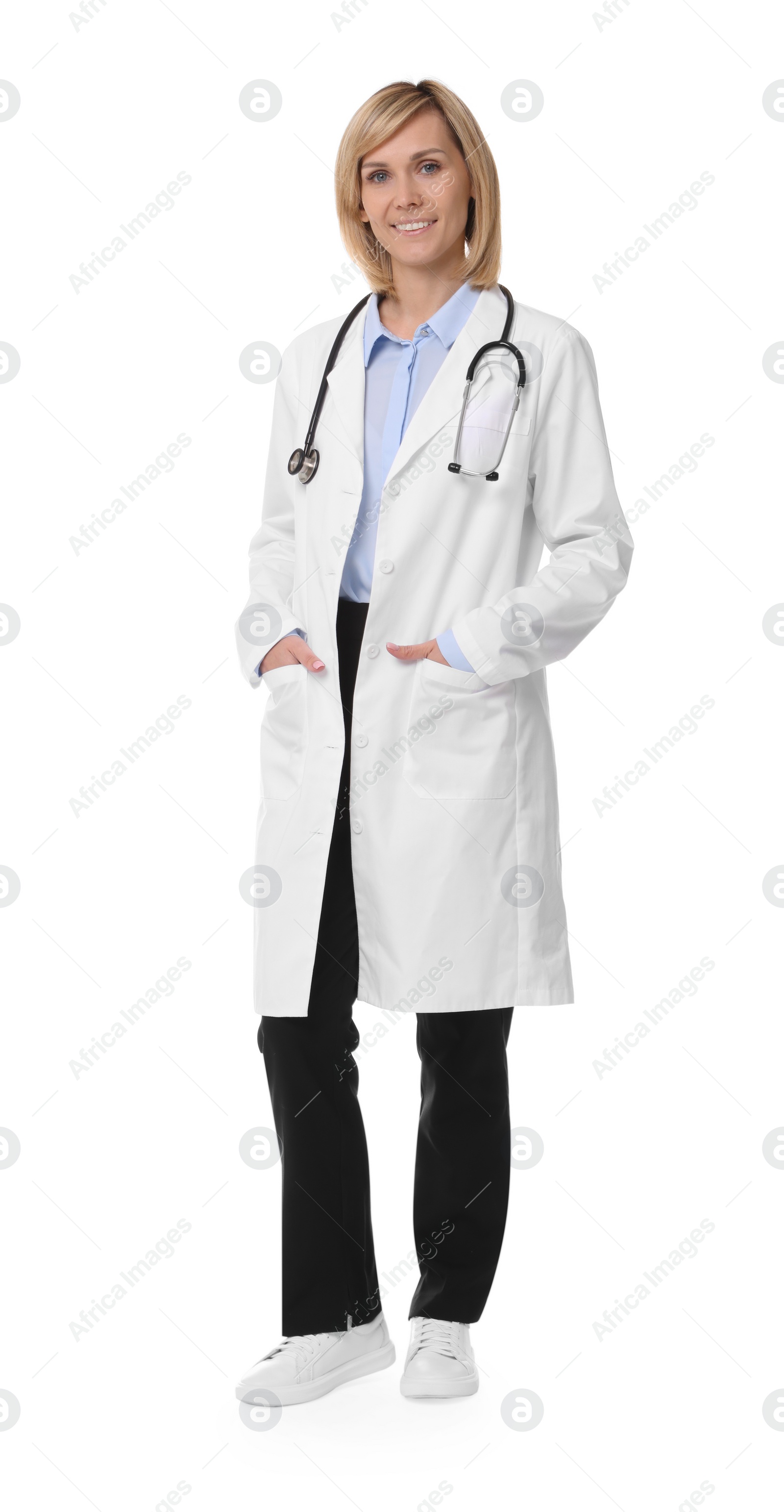 Photo of Smiling doctor in uniform on white background