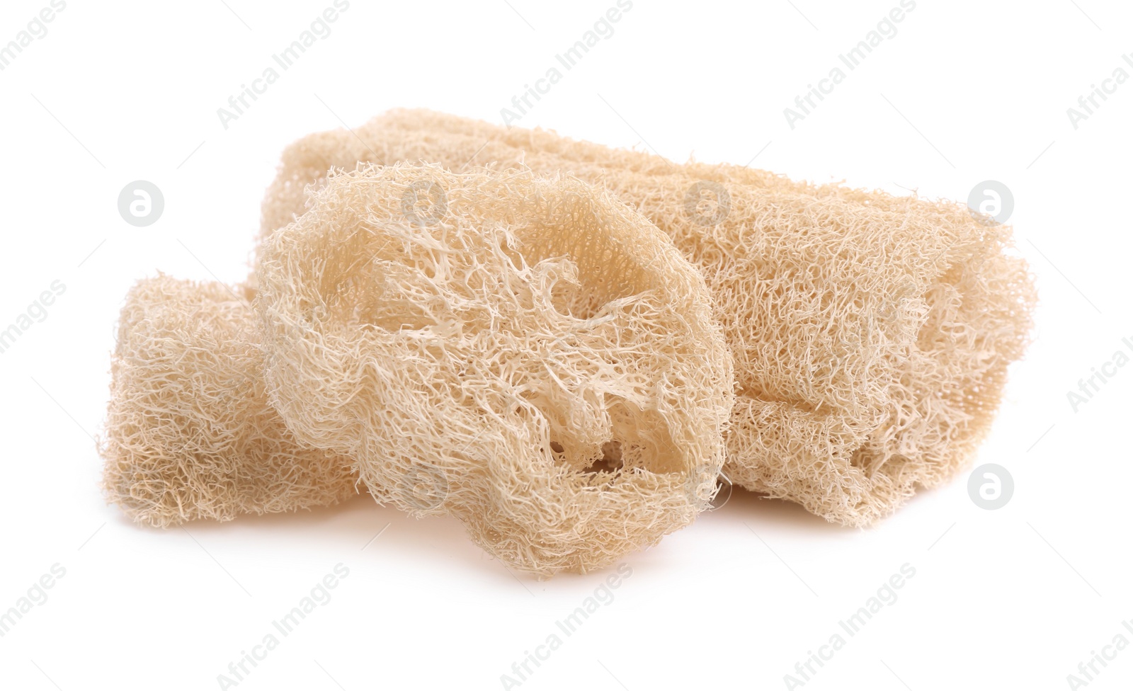 Photo of Loofah sponges isolated on white. Personal hygiene product