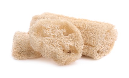 Photo of Loofah sponges isolated on white. Personal hygiene product